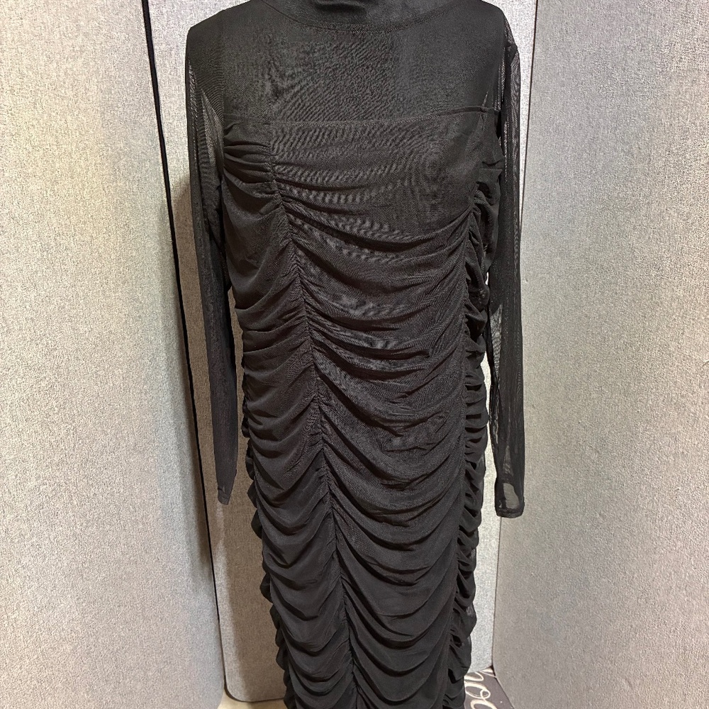 **Sheer Mesh Long Sleeve Ruched Black Midi Dress**